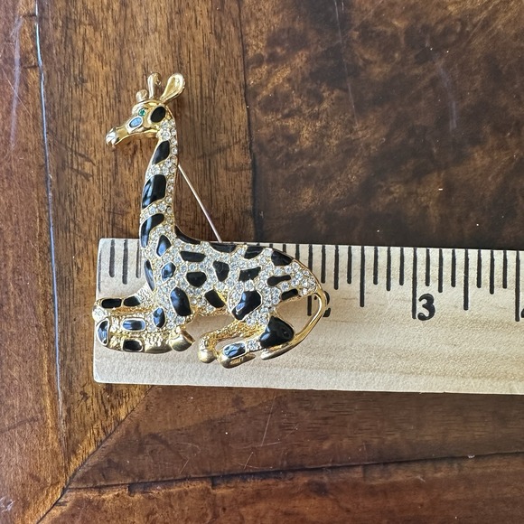 Vintage Pair 2 Giraffe Brooch Pin 2.75 Inch Rhinestones Black Enamel Gold Plated - Picture 12 of 14